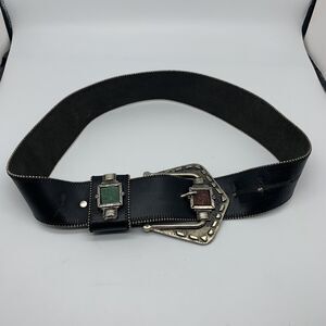 Vtg Black Leather Wide Belt Silver Brualist Modernist Detail Sz 32 (ABC ITALY)‎